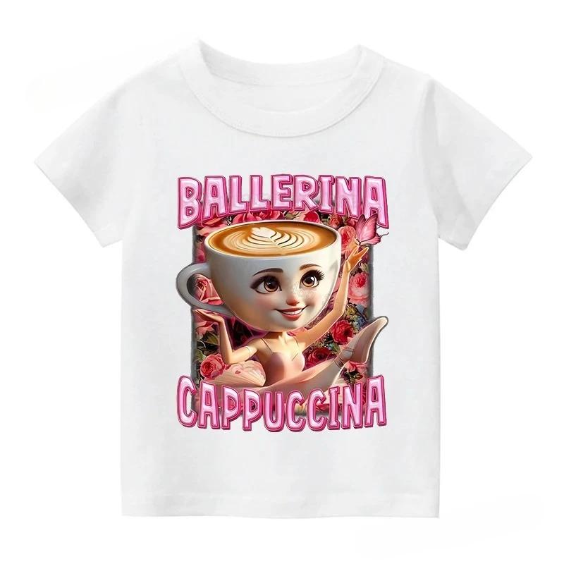 Summer Italian Brainrot Cotton Girls T-shirt Cute Ballerina Cappuccino Print Baby Tees Tops Casual Fashion Kid Children Clothes