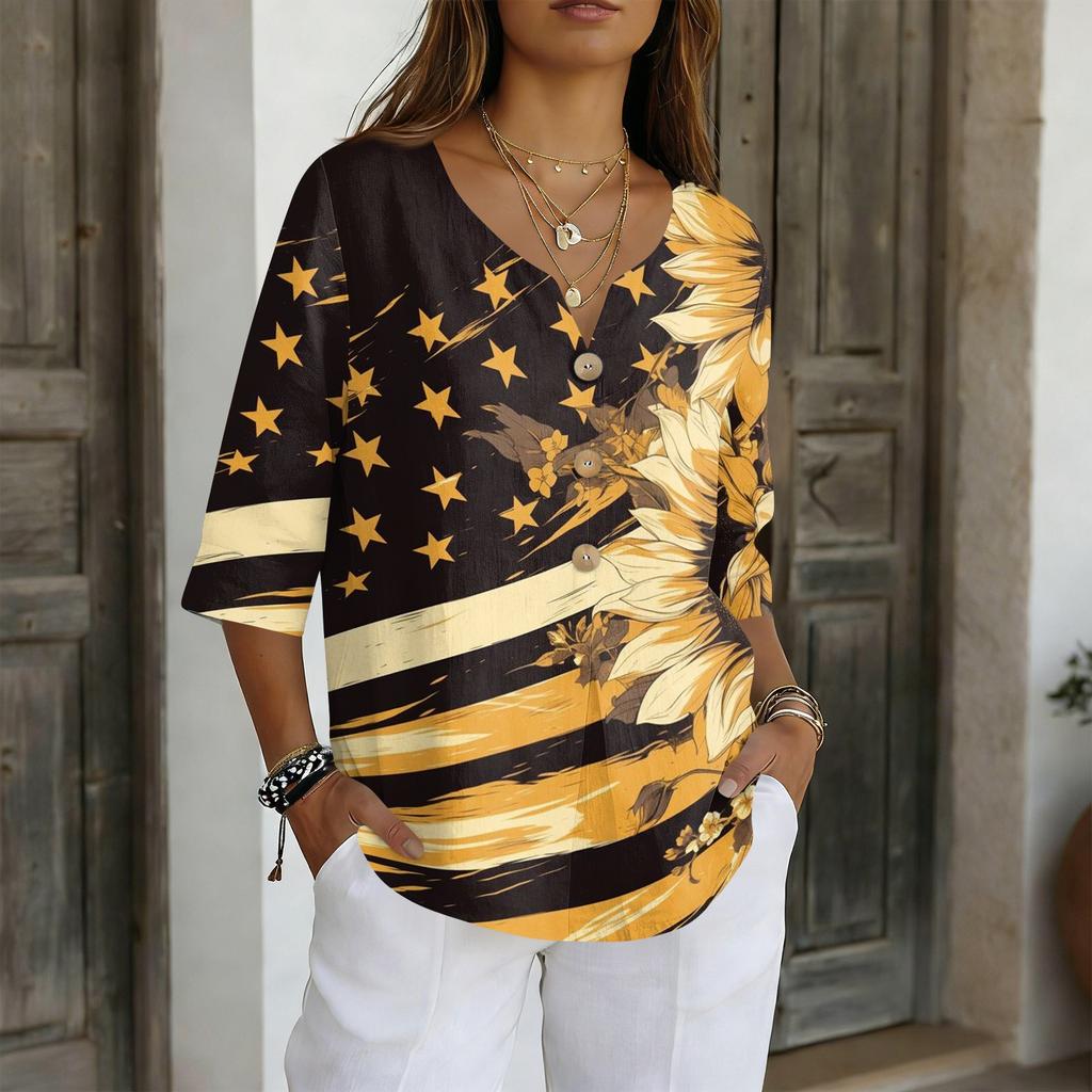 Women's Casual V-Neck Button Three-Quarter Sleeve Fourth of Print Pullover T-Shirt