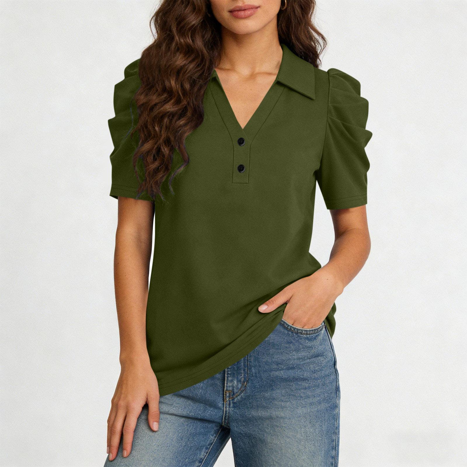 Women s  Color Lapel Pullover Short Sleeved Button Pleated Short Sleeved Top M