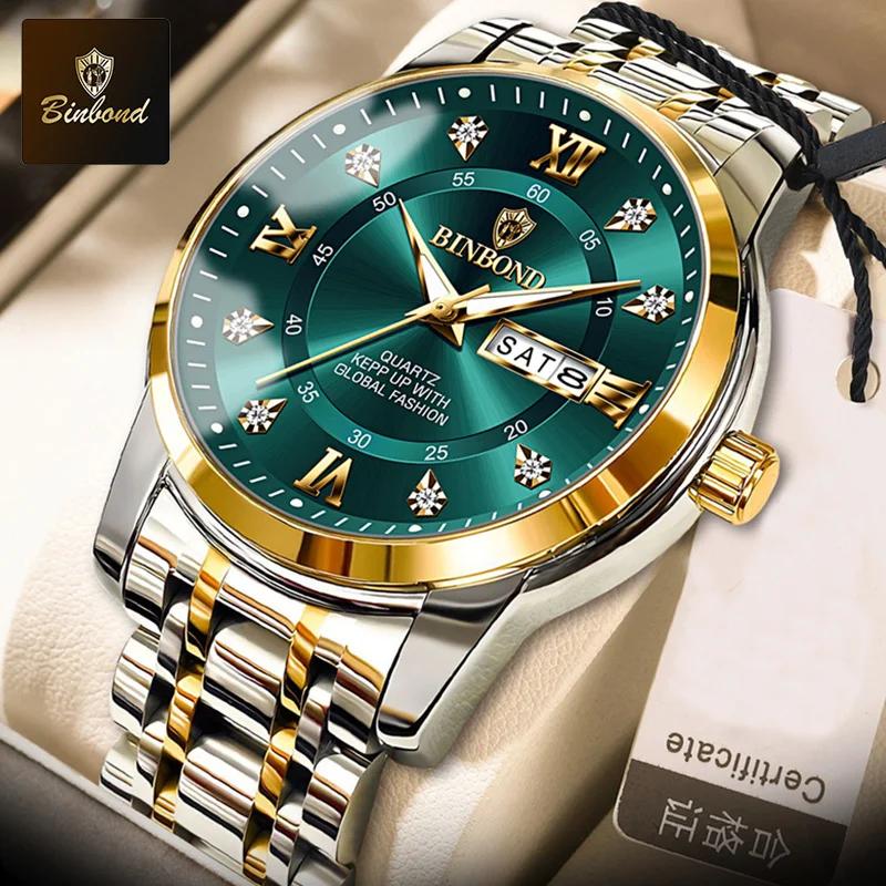 BINBOND Luxury Men Quartz Watch Waterproof Date Week Luminous Wristwatch Stainless Steel Men's Watches Male Clock Sports Reloj