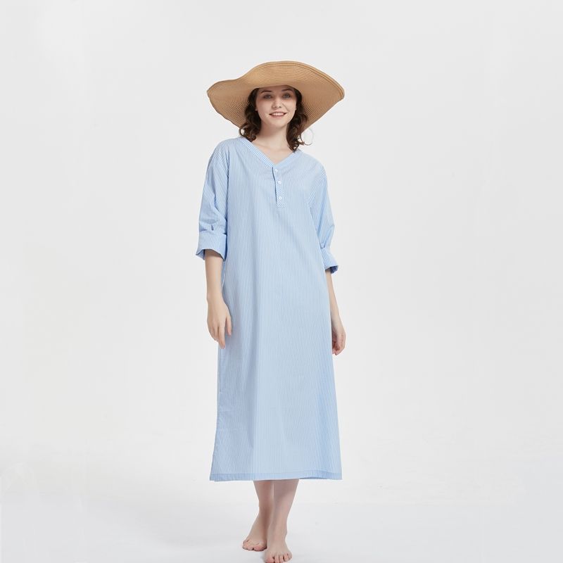 

Nightdress Women s Summer Cotton Short Sleeve Striped Casual Fashion Loose Mid Length Long Length Women s Pajamas Can Be Worn outside Beach Dress Blue L