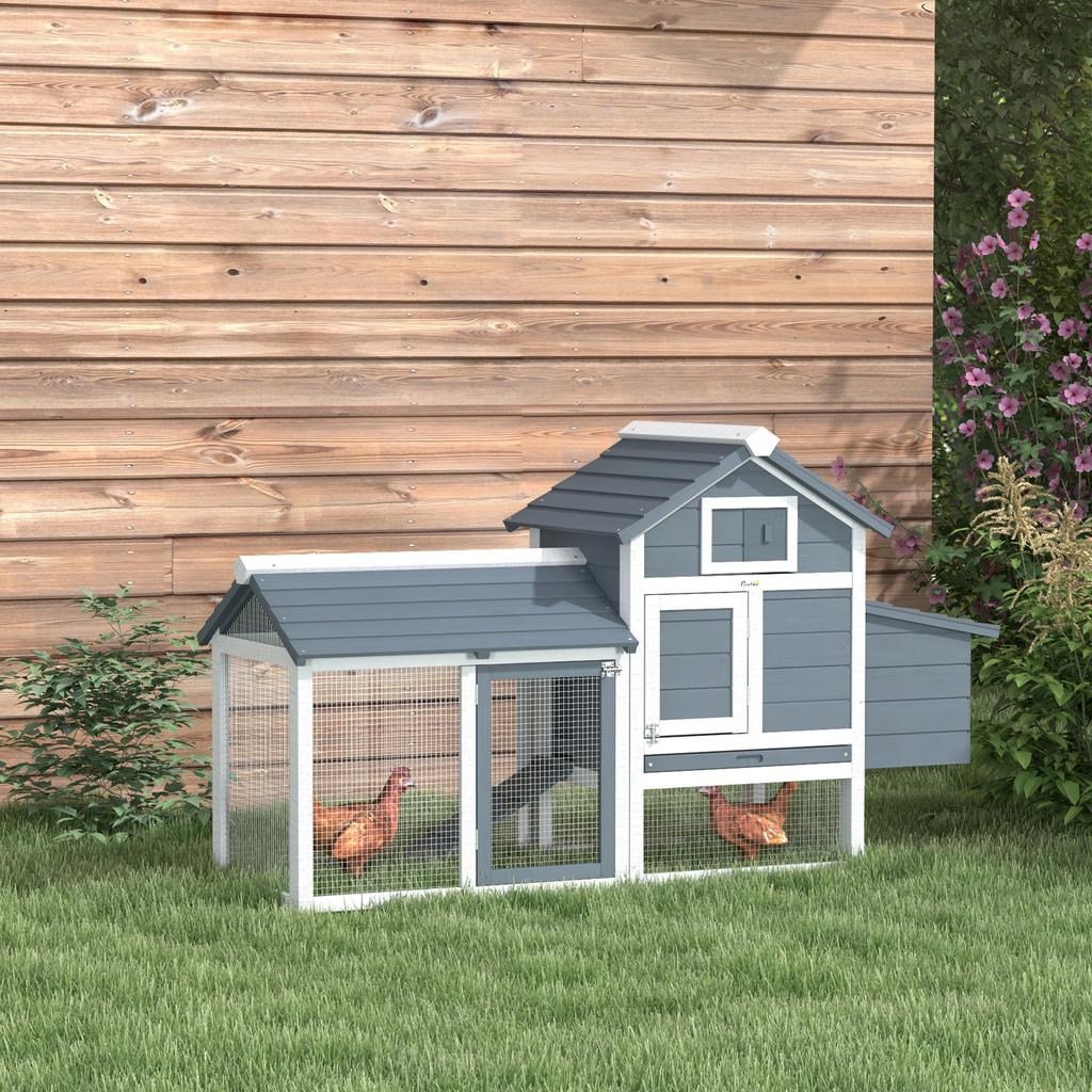 Small cottage-style chicken coop, hen cage on legs, dim. 150.5L x 54W x 87H cm, multi-equipment, solid fir wood