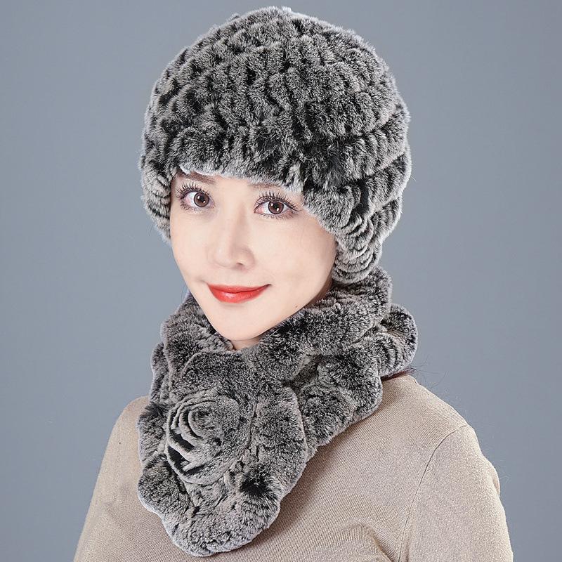 Middle-aged Rex rabbit hair hat female autumn and winter warm elderly grandmother ear protection fur mother wool scarf
