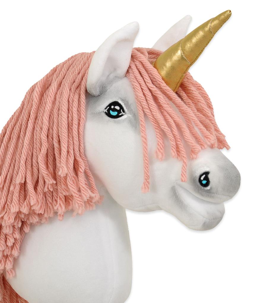 Hobby Horse Unicorn on a stick, small white, with a dusty pink mane and a golden horn