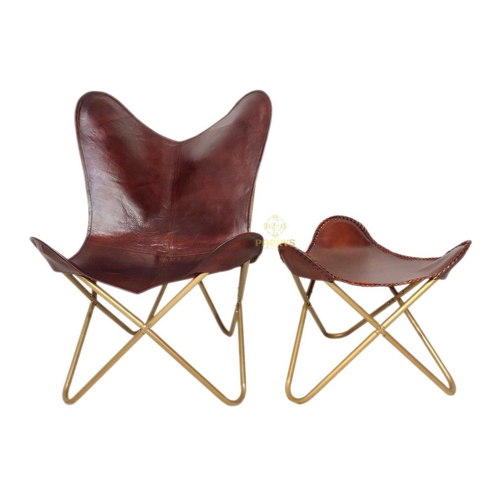 Καφέ δερμάτινη πολυθρόνα-ινδική χειροποίητη καρέκλα πεταλούδας με οθωμανικό