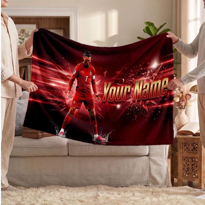 Coperta Personalizzata in Pile Cristiano Ronaldo con Logo Calcio, Testo Nome Personalizzato Morbida Calda Coperta da Divano per la Casa
