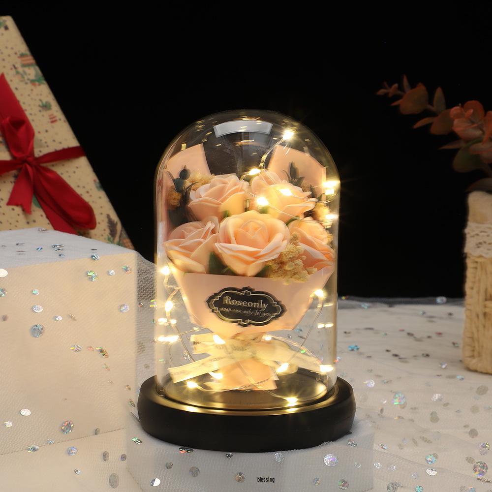 Valentine’s Day Gift: Preserved Rose Night Light Ornament with Artificial Soap Flower, Glass-Covered Souvenir.