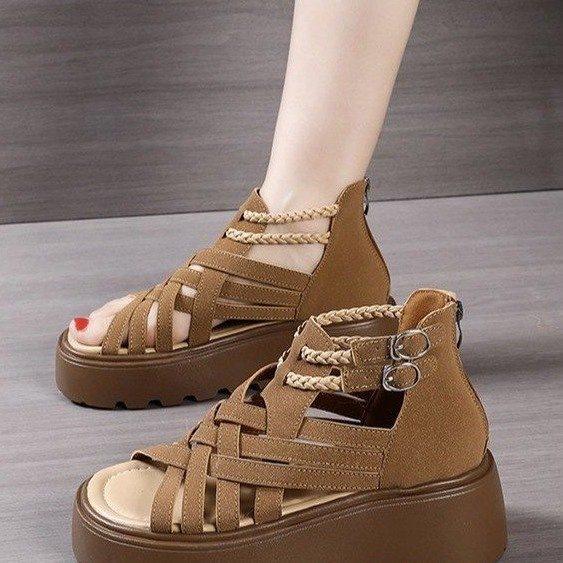 Roman sandals women's platform muffin women's shoes 2025 summer new French open-toed hollow breathable versatile hole shoes