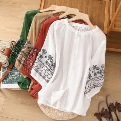 Retro Embroidered Lantern Sleeve Shirt for Women's Summer Style Single Breasted Top T-Shirts Women’s