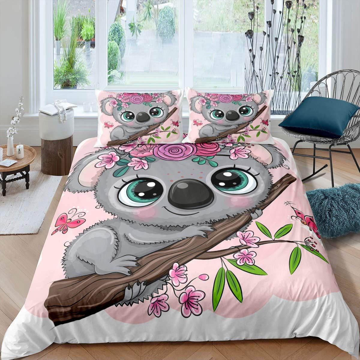 

Kids Koala Duvet Cover Full Kawaii Wild Animal Bedding Set For Boys Girls,Yellow Sunflower Comforter Cover Green Leaf Bed Cover EU Single(135x200cm)