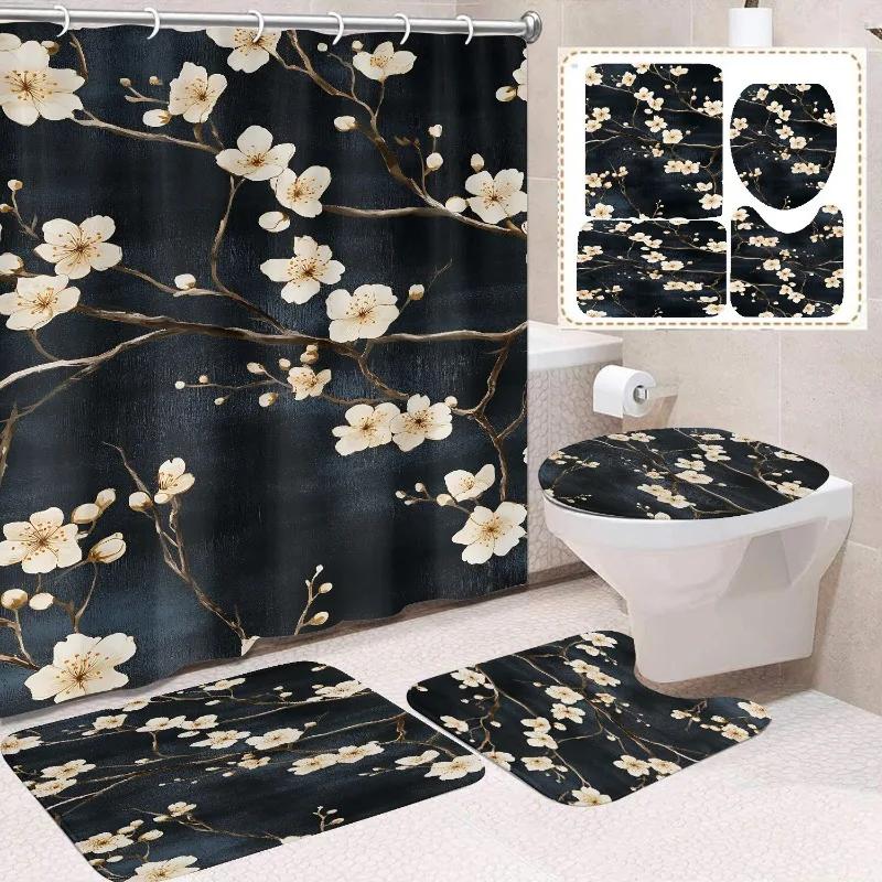 1/4 Stuks Waterdicht en schimmelbestendig Douchegordijn Luxe met Haak Douchegordijn met antislip mat U-vormige mat toiletdekselhoes