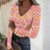 Women's Casual V-Neck Ribbed Long Sleeve Top with Leopard and Polka Dot Print for Everyday Wear