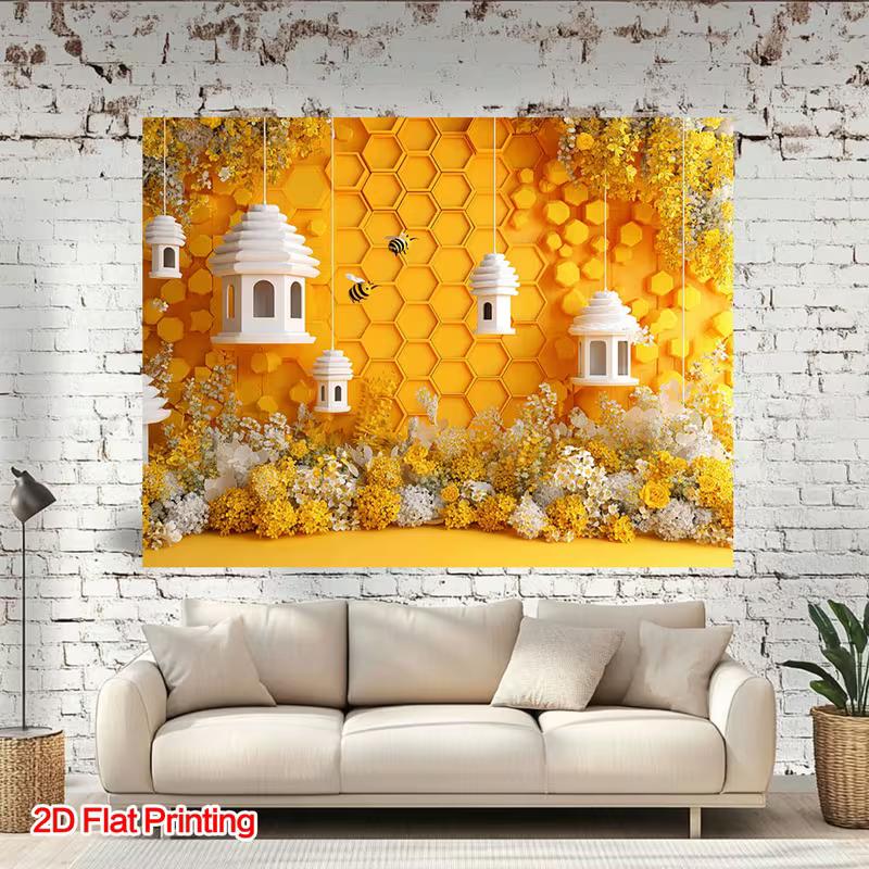 2D Printed Backdrop with Yellow Honeycomb, Bee Hives, Flowers and Flying Bees