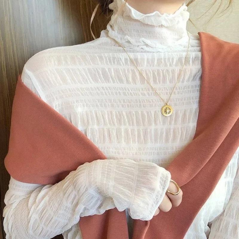 Spring and Autumn Women Floral Lace Shirt  Long Sleeve Sexy Mesh Bottoming Shirts Mock Neck Blouse T-Shirt Pullover Top