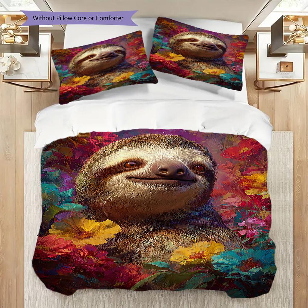 Sloth Pattern Bedding Quilt Set Quilt Cover Pillowcase Home Decoration Birthday Gift (1 * Duvet Cover + 2 * Pillowcase, Without Core)