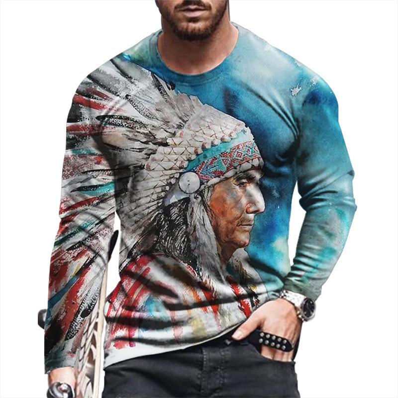 Spring and Autumn Round Neck 3D Native American Pattern Printed Top Fashionable Casual Long Sleeved Men's T-shirts