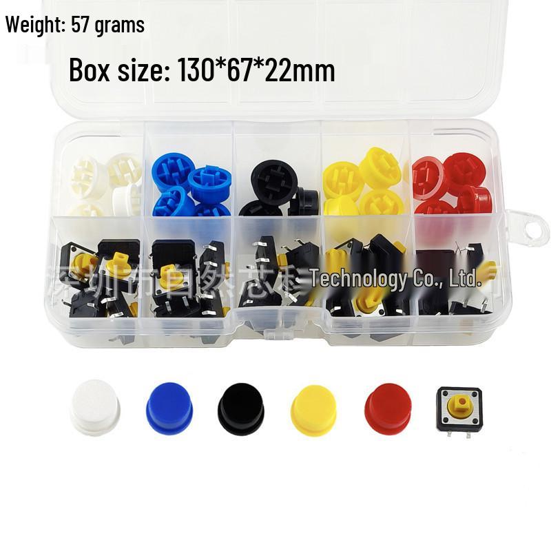Box of 50 Yellow Tactile Push Button Switches (12x12x7.3mm) with Multicolor Round Caps (White, Blue, Black, Yellow, Red)
