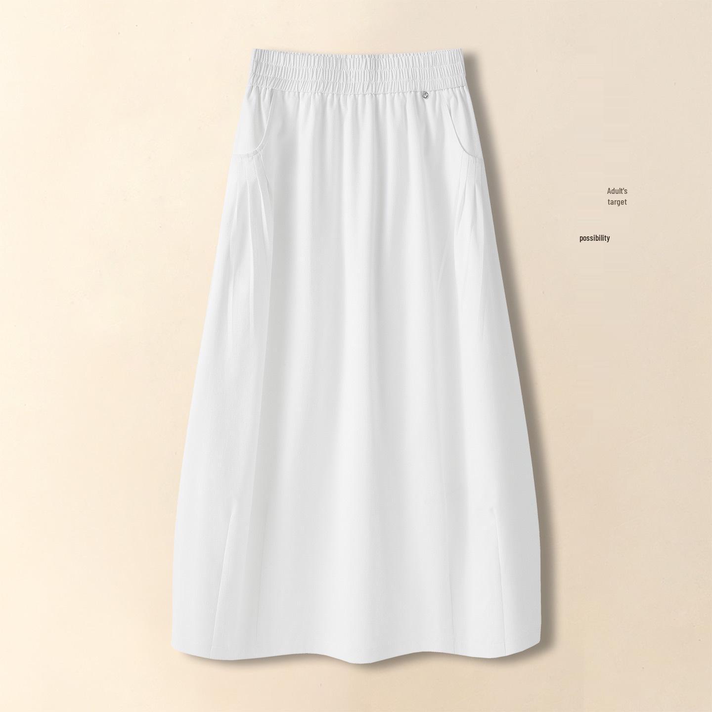 

2026 Spring Midi Skirt with Drape, Elastic High Waist, and Pear-Shaped Figure A-Line Design 27/M белый
