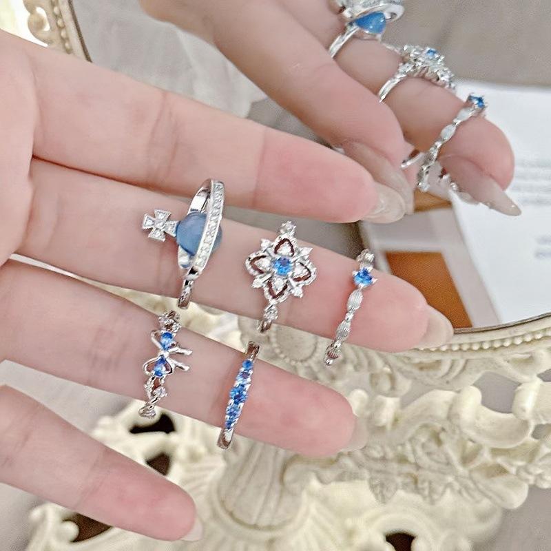 Light Luxury Full Diamond Sea Blue Zircon High-End Open Ring Gypsy Star Niche Design Butterfly Personalized Index Finger Ring Female