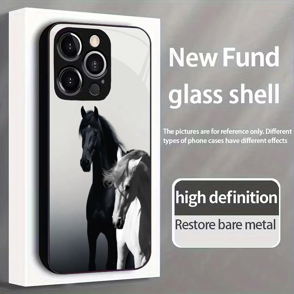 Horse Pattern Tempered Glass Phone Case Suitable for iPhone 17 16 15 14 13 12 11Pro/Max/Plus Anti Drop and Shockproof Back Cover