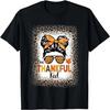 One Thankful Kid Thanksgiving Messy Bun Leopard Bleached T-Shirt