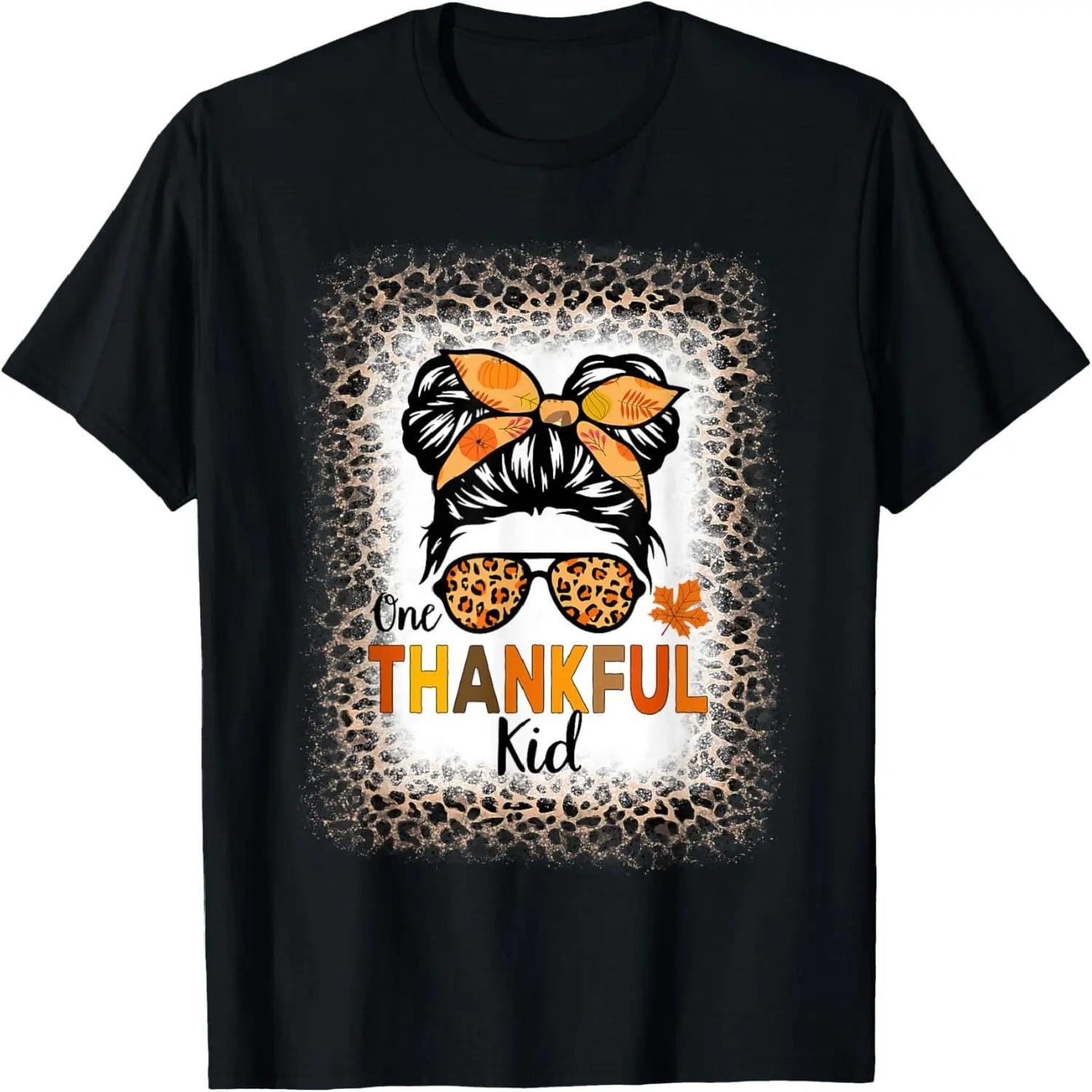 One Thankful Kid Thanksgiving Messy Bun Leopard Bleached T-Shirt S чёрный