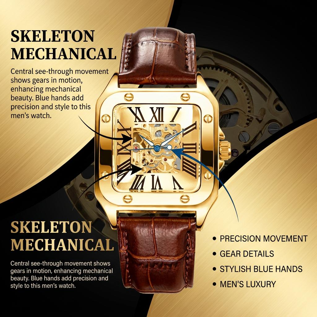 1 Stück Herren-Uhr mit weißem Zifferblatt und Lederarmband, Vintage-Mode, Skelett-Zahnrad, Luxus-Details, Mechanische Uhr für Geschäftsfeier, Urlaub