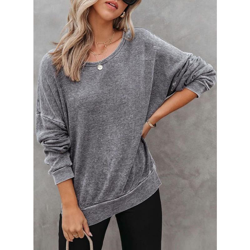 New Autumn Women's Round Neck Long Sleeve Side Slit Waffle Simple and Versatile Sweatshirt