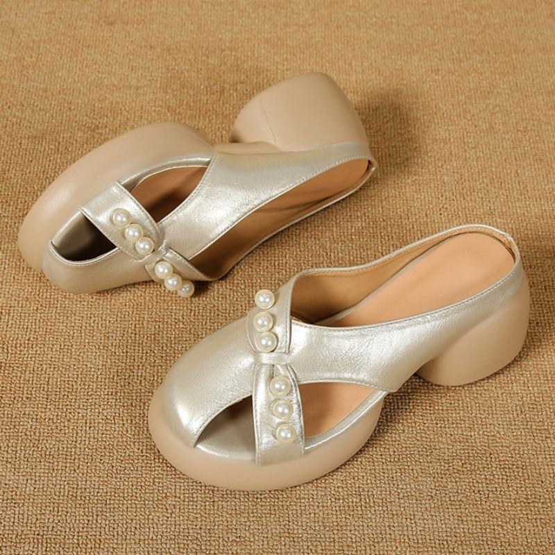 Fashion Women Mid Heels Slippers Designer Elegant Bead Shoes for Woman Fashion Slingback Sandals 2025 Summer New Pumps Mujer Sandalias