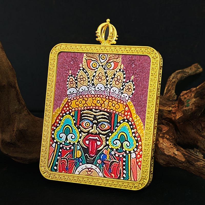Zodiac Cinnabar Thangka Pendant - Eight Guardian Deities Amulet Box (Samantabhadra & Manjushri)
