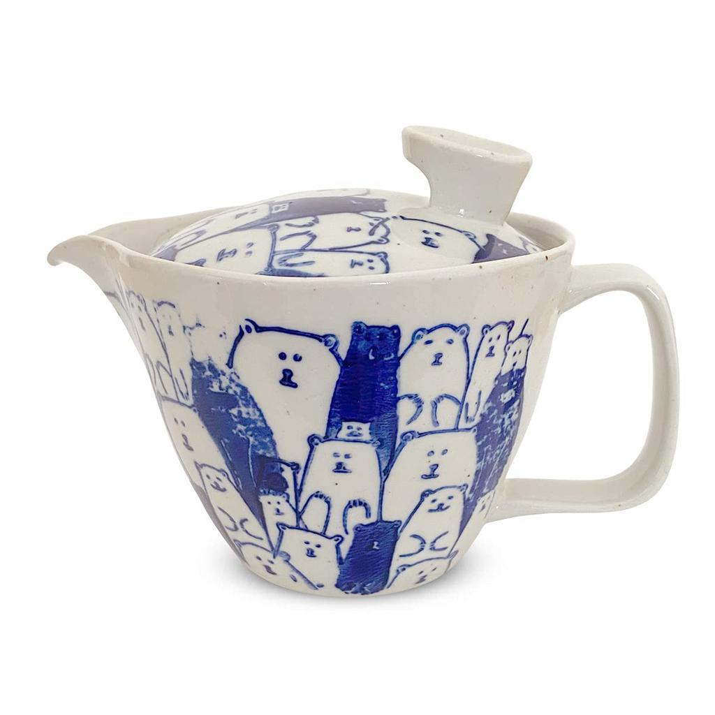 J-kitchens Teapot with Strainer, 240ml Capacity, for 1-2 People, Hasami Ware, Made In Japan, Bear Design, Blue, S173865
