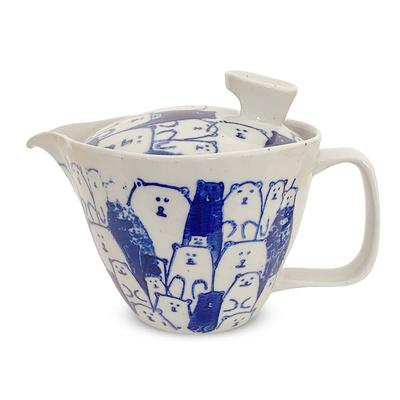 J-kitchens Teapot with Strainer, 240ml Capacity, for 1-2 People, Hasami Ware, Made In Japan, Bear Design, Blue, S173865