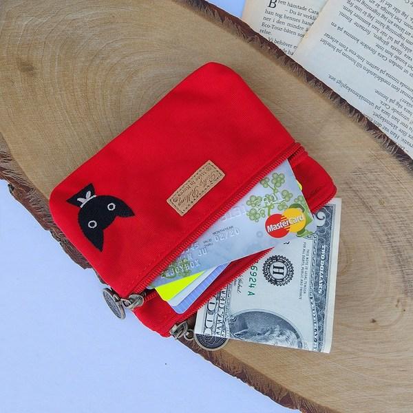 Porte-monnaie zippé en nylon avec broderie de joli chat, pochette pour cartes