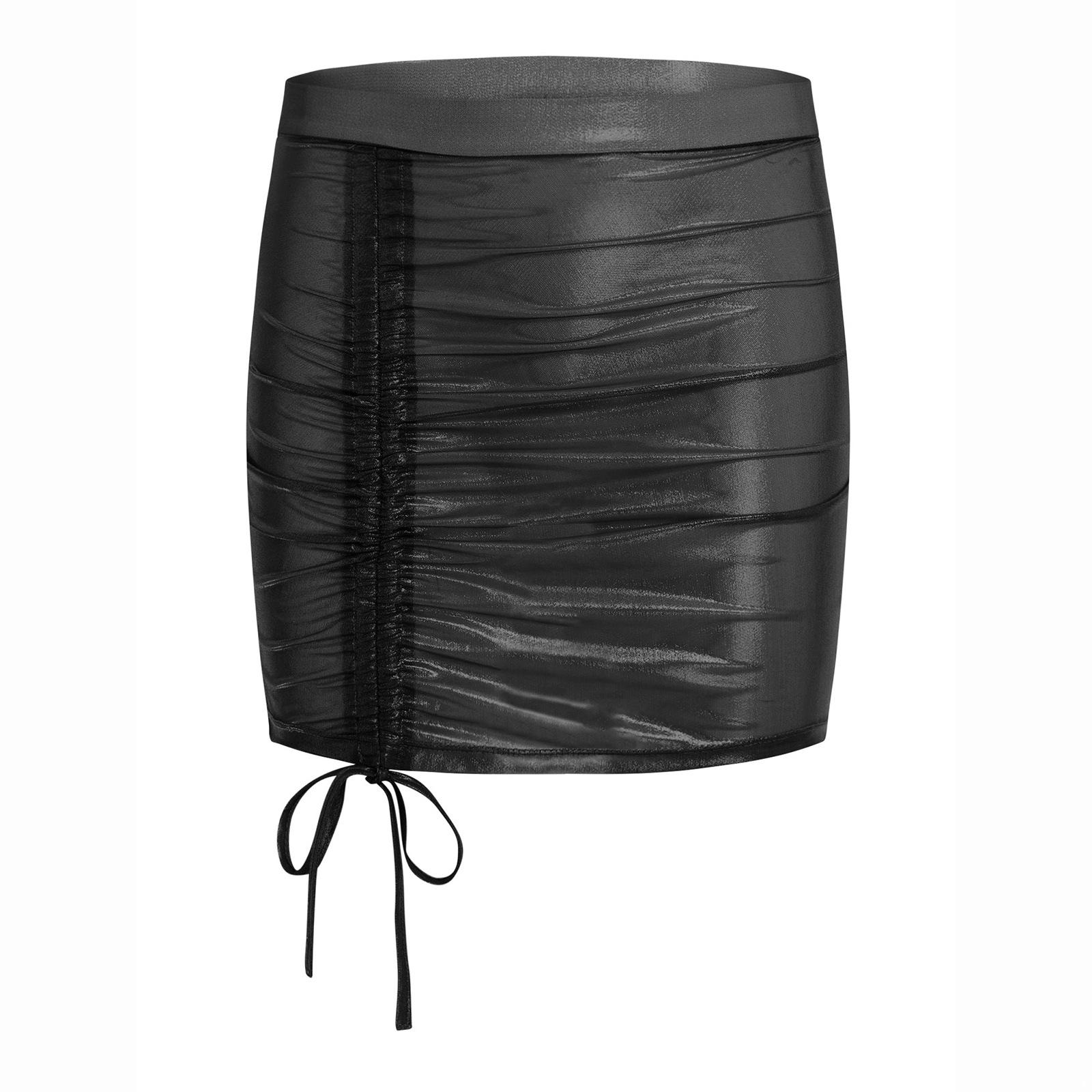 

Women Sheer Sparkly Mini Skirt Metallic Shiny Adjustable Drawstring Short Club Skirt for Nightclub Wear L