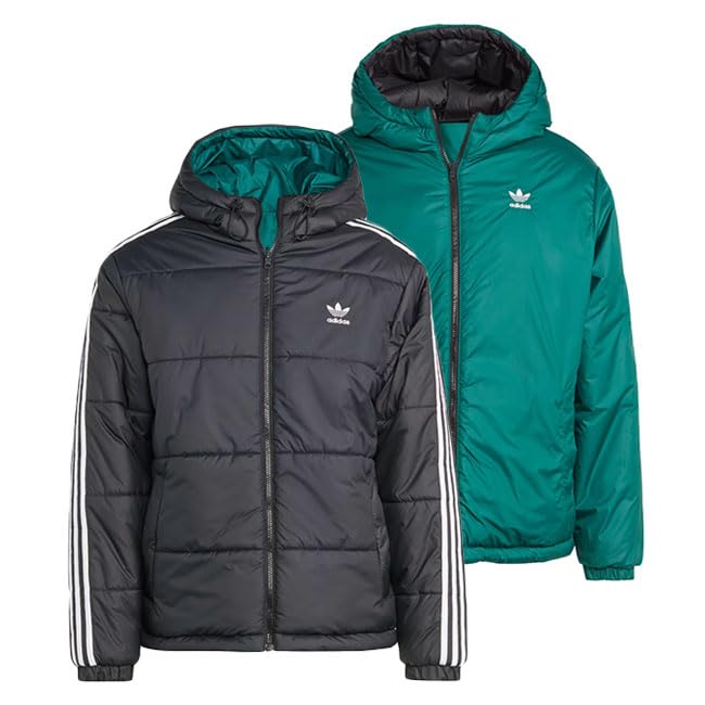 adidas Originals Adicolor Trefoil Logo Reversible Hooded Down Jacket HZ0690, Black, Padded, Men's [L-Black-Green (HZ0690)]