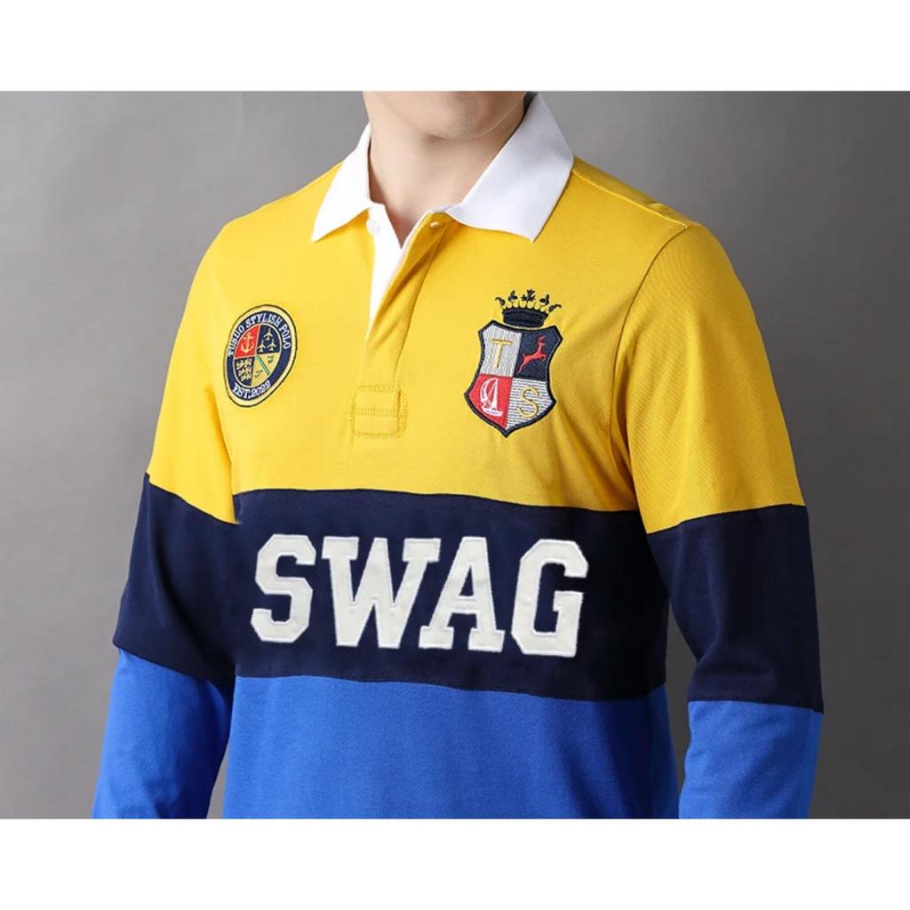 TrendHub Męska koszulka polo SWAG z długim rękawem Królewski Casual Sport Impreza High-end Bawełna Haft Luksusowy Kolor Kontrastowy Oryginalny Design