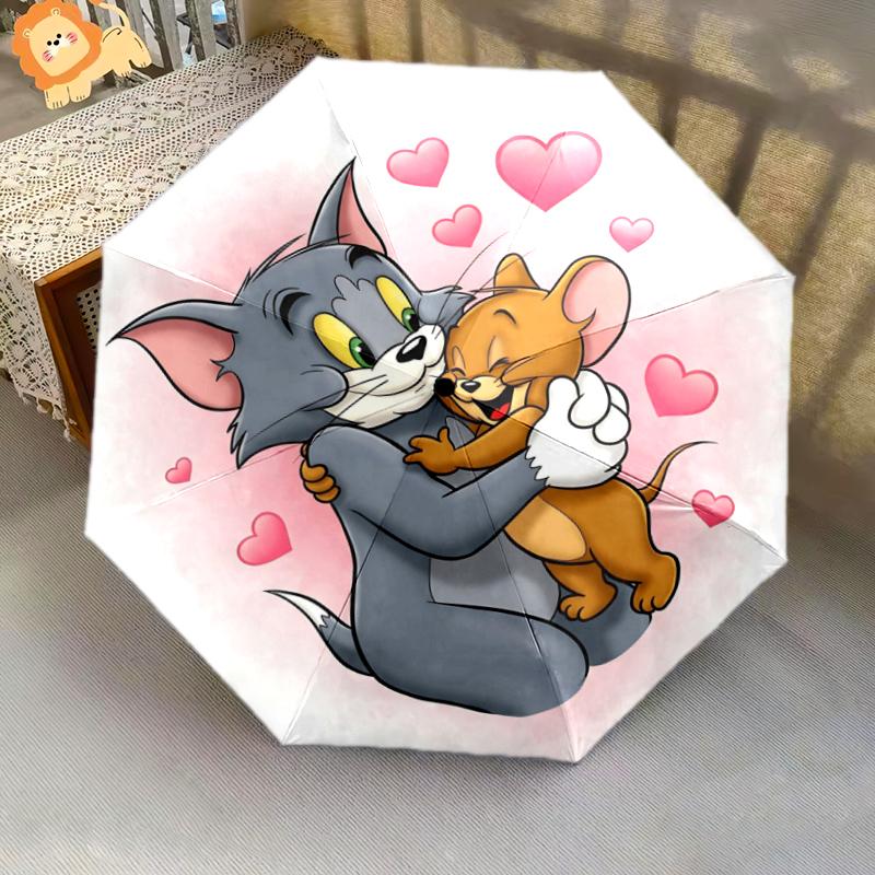 1pc Tom and Jerry pattern Umbrella Portable Folding Umbrella Iron Frame Hole Bone Structure Outdoor Home Umbrella