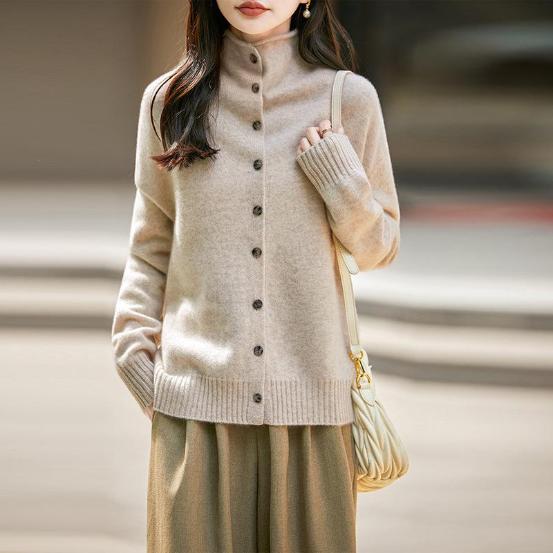 2026 Autumn/Winter Women’s High Neck Wool Cardigan Sweater – Long Sleeve, Rolled Edge, Solid Color, Warm Knit Top