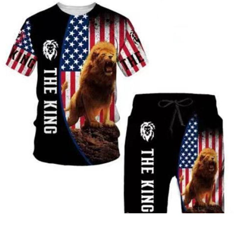 Summer Lion Animal Pattern Printed Men's Casual Comfortable Loose Short Sleeved Two-piece Sport Wear