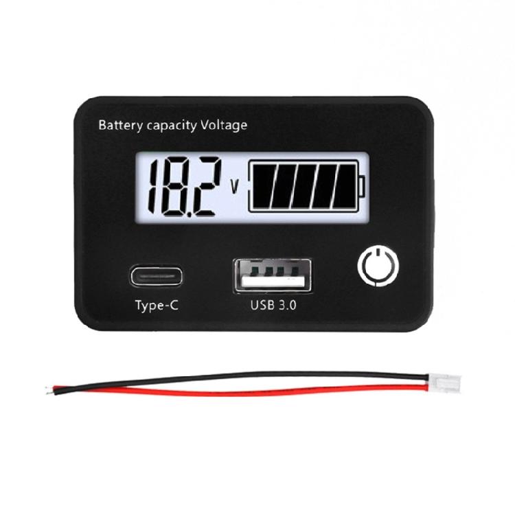 LCD Display Battery Power Monitor with  QC3.0 USB Type C Port for Electric Vehicle Solar Car Lithium Lead Acid Batteries