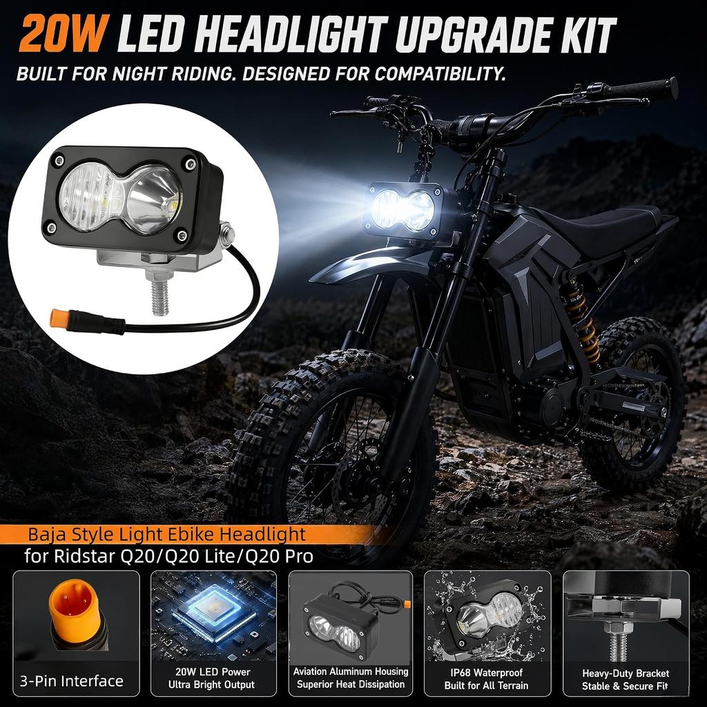 Faro Anteriore Ebike Leggero Stile Baja, Luce Baja a 3 pin per Ridstar Q20 | Impermeabile IP67 6500K 12V-60V Ampia Tensione per Ebike Ridstar Q20, Motocicletta &