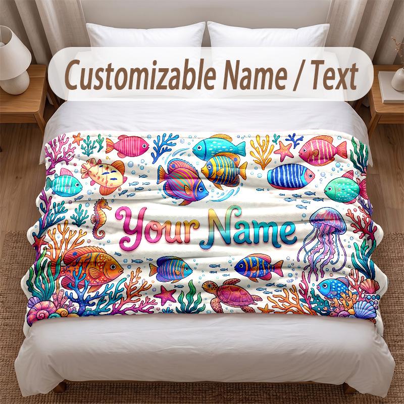 Fish Ocean Theme Soft Blanket Personalized Custom Name Text Print Warm Blanket Home Sofa Bedroom Decor