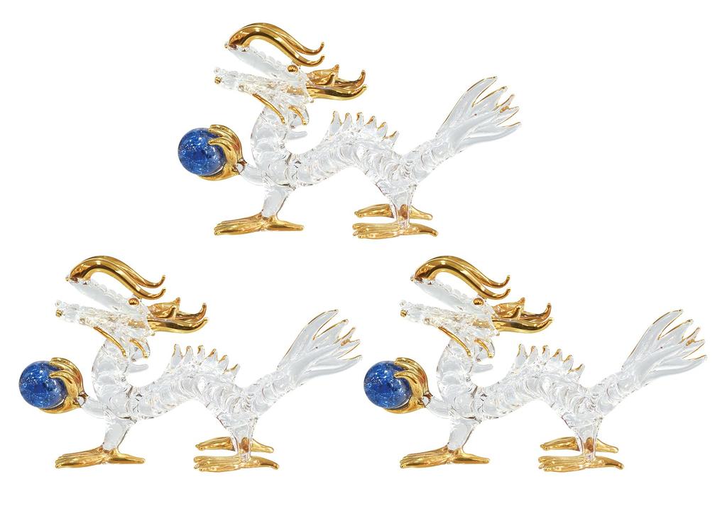 Four Cart Handmade Glass Feng Shui Good Luck at Work [Dragon Holding a Ball] 4-inch x 3-Piece Set