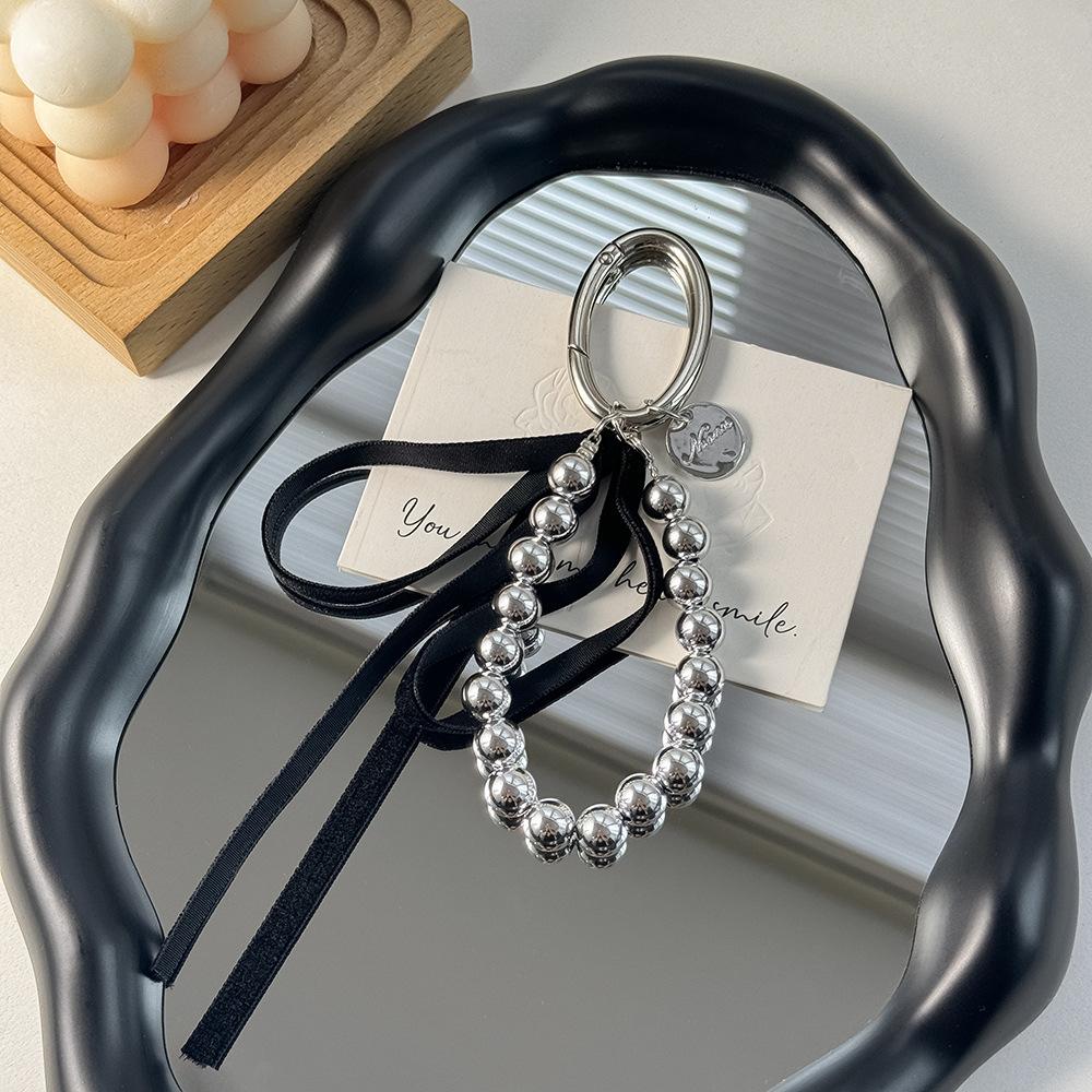 Korean-Style Bow Car Keychain with High-End Silver Bead Ribbon Pendant