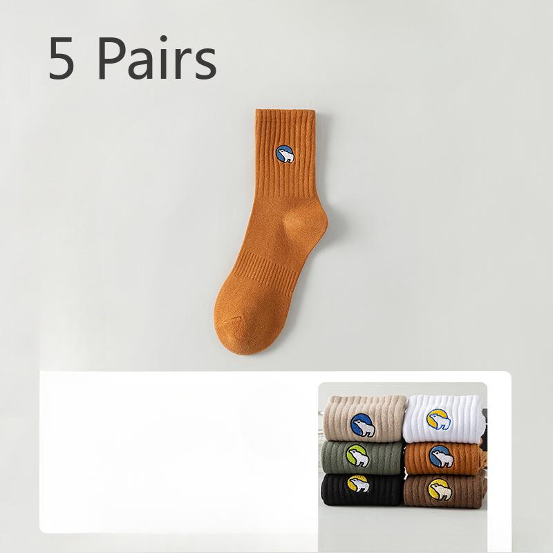 5 Pairs of Men's Autumn Cotton Sports Thick Embroidered Sweat Absorbing Deodorizing Mid Tube Socks