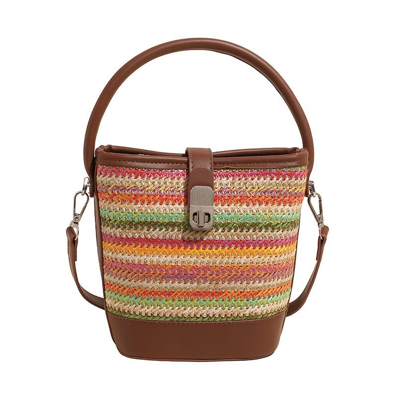 Summer Popular Rainbow Woven Bag Women's New Beach Vacation Straw Messenger Bag Portable Bucket Bag