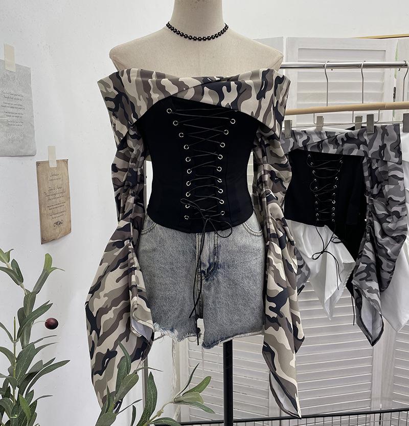 American Retro Camouflage Lace-up Pleated Shirt