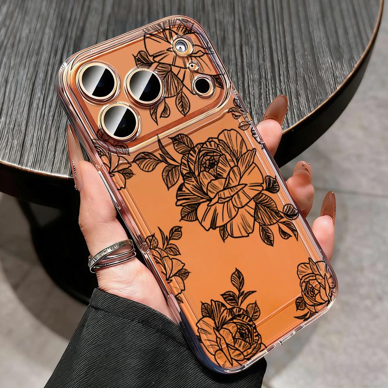 Shockproof Clear TPU Case For iPhone 17 16 Pro 15 14 13 12 Pro Max 11 Transparent Soft Silicone Black Floral Printed Phone Cover