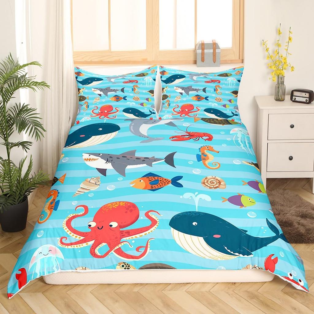Comforter Sea Whale Bedding Set Queen Sizenautical Anchor Ship Rudder Plaid For Children Adultnavy Blue Ocean Geometric