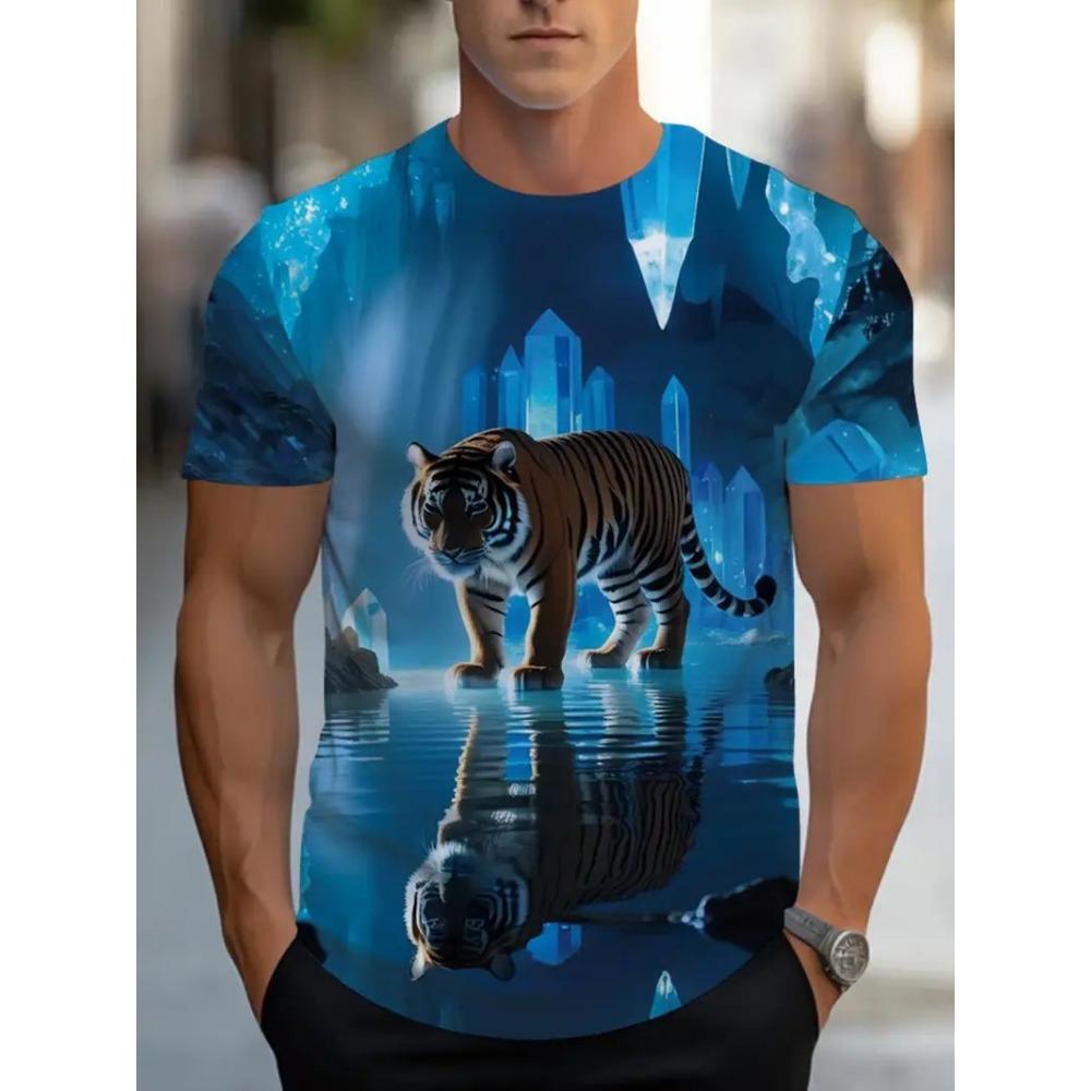 Men's 3D Pattern Activity T-shirt, Casual Micro Elastic Short Sleeved Round Neck T-shirt, Men's Clothing